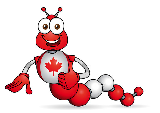Cartoon character. Caricature of worm with hands formed by spheres with the colors of the flag of Canada. Vector image