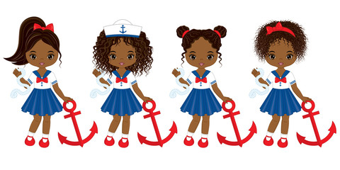 Vector Nautical Little African American Girls with Various Hair Colors