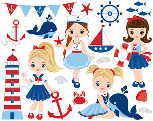 Vector Nautical Set with Cute Little Girls,  Whales, Lighthouse, Anchors and Crabs