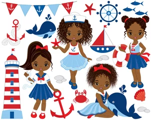 Fotobehang Vector Nautical Set with Cute Little African American Girls,  Whales, Lighthouse, Anchors and Crabs © TheCreativeMill