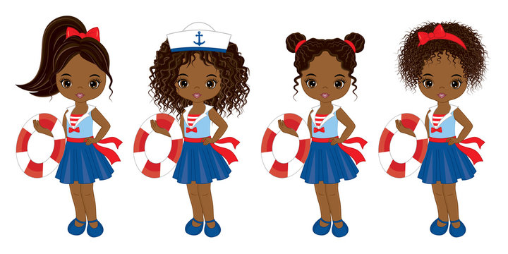 Vector Nautical Little African American Girls with Various Hair Colors