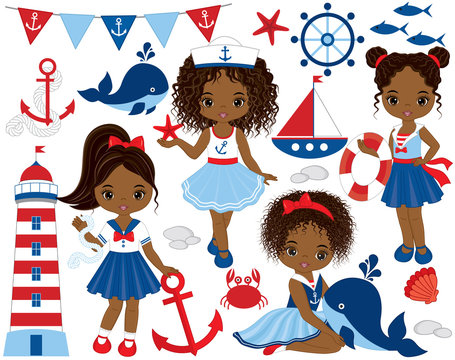Vector Nautical Set with Cute Little African American Girls,  Whales, Lighthouse, Anchors and Crabs