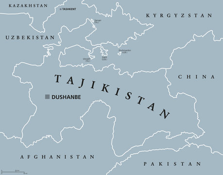 Tajikistan political map with capital Dushanbe and borders. Republic and landlocked country in Central Asia. Gray illustration. English labeling. Vector.