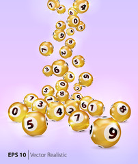 Vector Gold Bingo balls fall randomly on pink background. Lottery Number Balls. Golden balls. Bingo ball. Bingo golden balls with numbers. Realistic vector. Vector illustration.