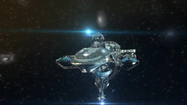 3D Futuristic sequence of a detailed spacelab, alien spaceship or military spacecraft for fantasy games or science fiction backgrounds of interstellar deep space travel.