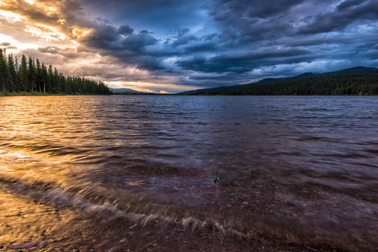Stormy sunset on Seeley Lake in western Montana