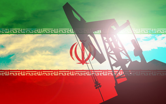 Shadow of oil pump on Iran flag background