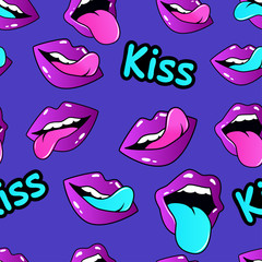 Female lips. Mouth with a kiss, smile, tongue, teeth and kiss me lettering on background. Vector comic seamless pattern in pop art retro style. Abstract seamless pattern for girls, boys, clothes.