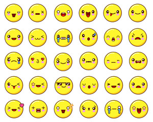 Big emotional face icons set kawaii.Flat design Vector Illustration