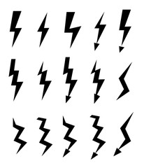 Set of icons representing lightning bolt, lightning strike or thunderstorm. Suitable for voltage, electricity and power signs. Vector Illustration