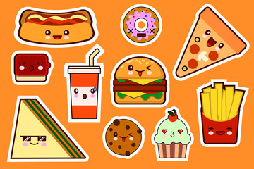 Fastfood fashion, cartoon kawaii stickers illustrations icon set. gamburger, pizza, sandwich, cake. Flat design Vector