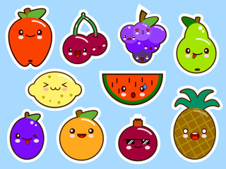 set of fruits smiley face kawaii. Flat design Vector Illustration