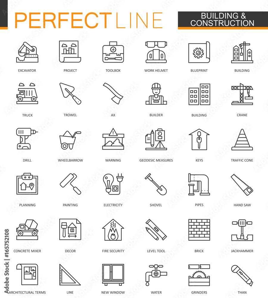 Poster building and construction thin line web icons set. home repair tools outline stroke icons design.