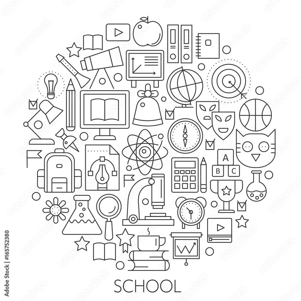 Poster round line concept for back to school. vector linear school thin stroke outline poster, template for