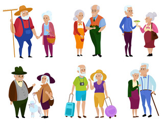 Fototapeta na wymiar Senior man and woman activities. Grandparents day. Grandpa and grandma. Elderly couple. Cartoon vector illustration.