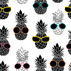 Vector pineapples wearing colorful sunglasses summer vacation tropical seamless pattern. Great for vacation themed fabric, wallpaper, packaging.