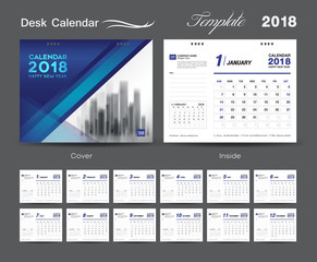 Desk Calendar for 2018 Year, Vector Design Print Template, blue cover with Place for Photo