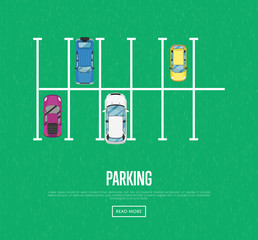Parking zone poster in flat style. Urban traffic concept, top view parked cars in parking lot, outdoor auto park, free public parking, city transport services. Highway code banner vector illustration.