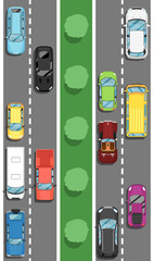 Highway traffic in rush hour poster in flat style. Urban heavy traffic concept, top view cars on road, automobile congestion, city transport services. Transportation banner vector illustration.