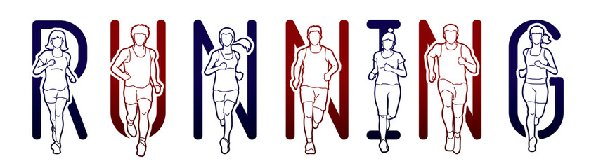 Running text font design, Marathon runners, Group of people running, Men and Women  running graphic vector.