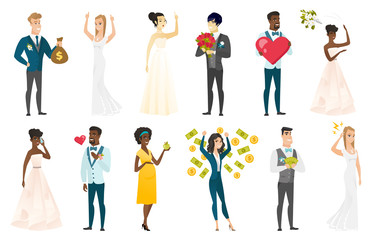 Bride and groom vector illustrations set.