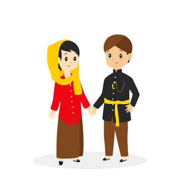 Jakarta - Betawi couple wearing traditional dress, cartoon vector illustration 