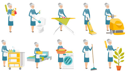 Senior caucasian cleaner vector illustrations set.