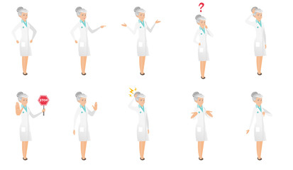 Senior caucasian doctor vector illustrations set.