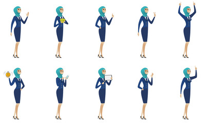 Young muslim stewardess vector illustrations set.