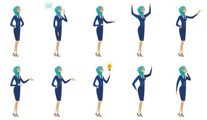 Young muslim stewardess vector illustrations set.