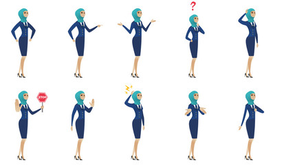 Young muslim stewardess vector illustrations set.