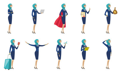 Fototapeta na wymiar Young muslim stewardess vector illustrations set.