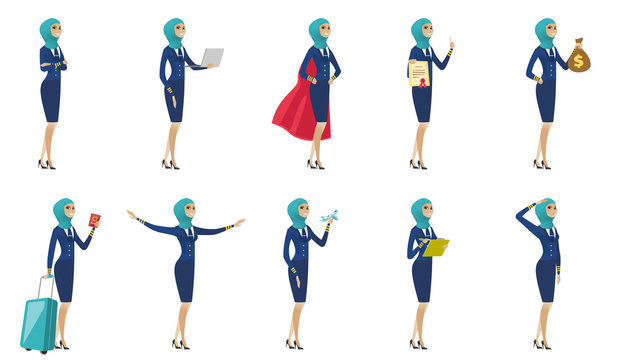 Young muslim stewardess vector illustrations set.