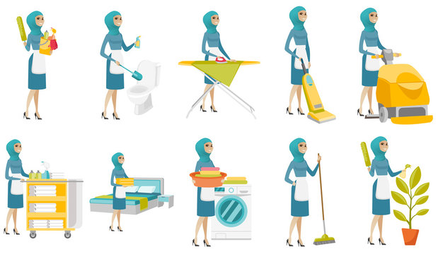 Young muslim cleaner vector illustrations set.