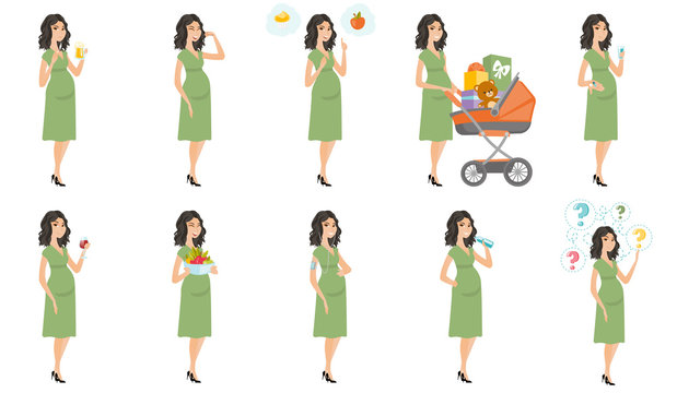 Caucasian pregnant woman vector illustrations set.