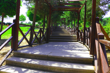 Wooden staircase leading up a walkway towards the Canakkale Martyrs Memorial in Canakkale, Turkey