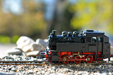 Model steam locomotive in garden