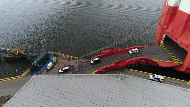 Aerial View of Cars Coming Off a Car Carrier Ship Philadelphia PA