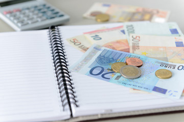 Euro money banknotes and coins counting with calculator, note book on desk