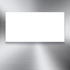 White banner on polished metal texture background. 3D illustration. Circular brushed metal texture with white place for your text. Polished metal plate.