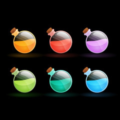 Icons set of colorful bottles with magic potion inside and with wooden stopper for game development. Asset for app user interface isolated on a black background.