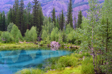 Turquoise geyser lake in forest in Altai mountains. Aktash, Altay Republic, Russia.