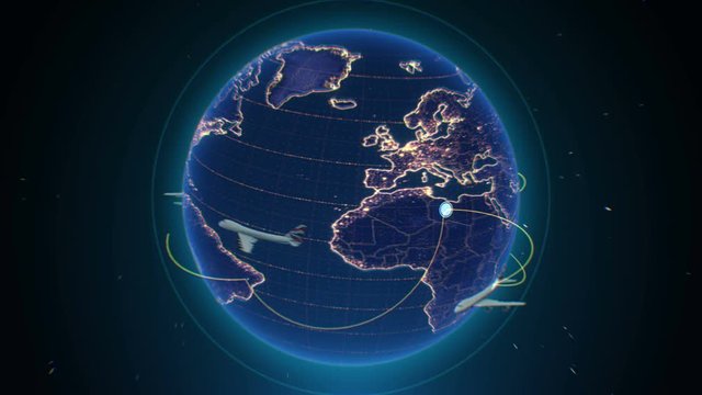 Computer animation of rotating Earth with airplanes flying around planet