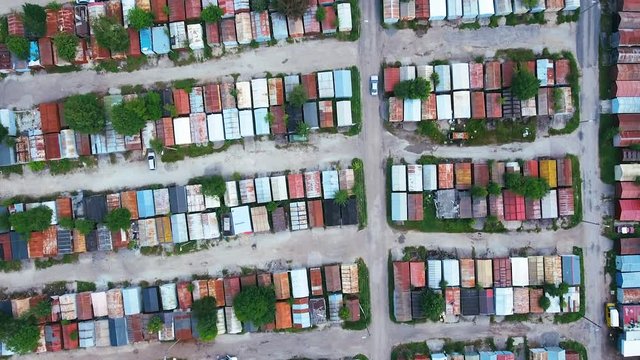 Old rusty garages in suburbs of Tallinn. Aerial view.