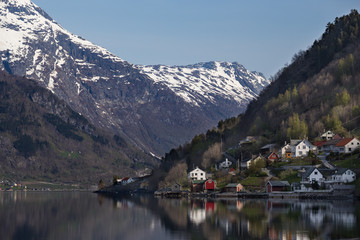 Fototapeta na wymiar Waterside view of Sørfjord, Branch of Hardengerfjord, Hordaland, Norway