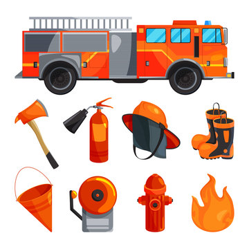 Protective clothing of fireman, boots, helmet, axe and other specific tools. Vector illustrations