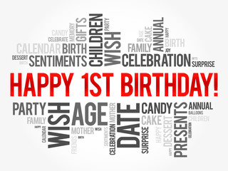Happy 1st birthday word cloud collage concept