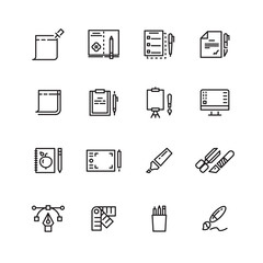 Graphic design and writing tools line icons set