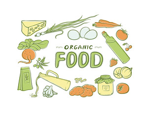 Vector painted offset sketch illustration of a set organic natural products, located in the form of frames, labels or signs. Fresh food - vegetables, berries, cheese, olive oil and tea, honey, nuts.