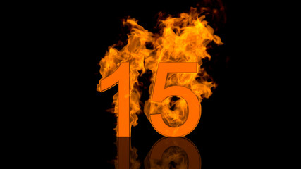 Flaming Number Fifteen Centred on Black Background with Reflection as 3D rendering